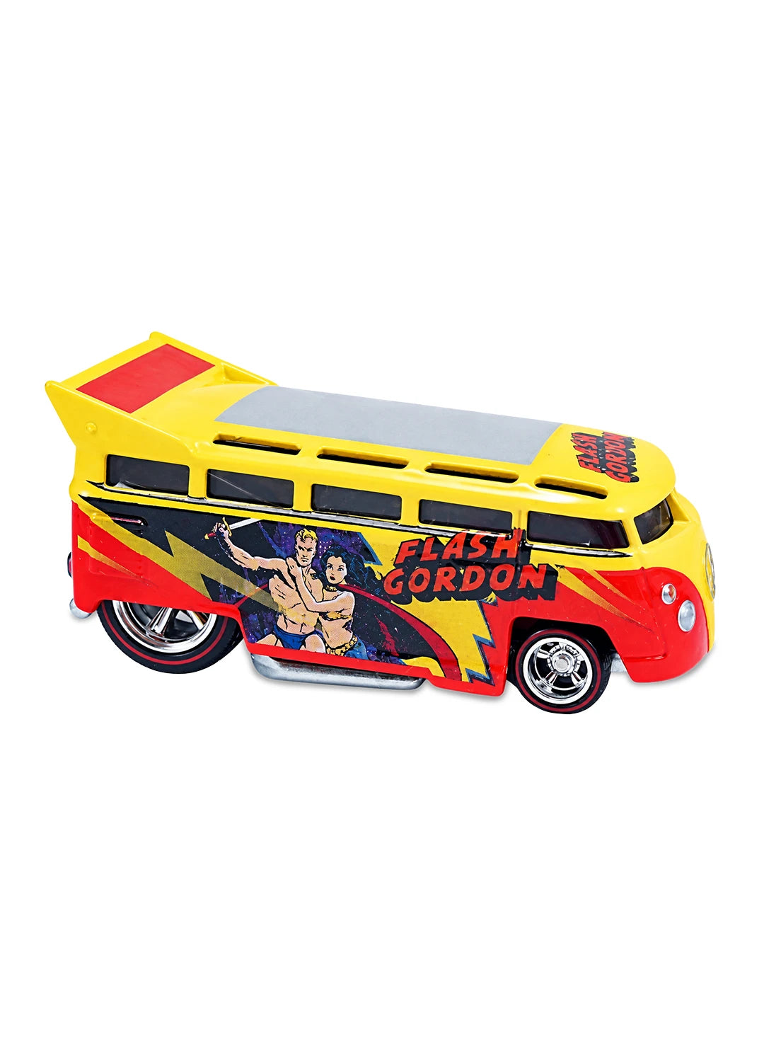 Close-up view of the yellow and red Hot Wheels 2013 Flash Gordon Volkswagen T1 Drag Bus showing side comic graphics and redline Real Riders wheels.