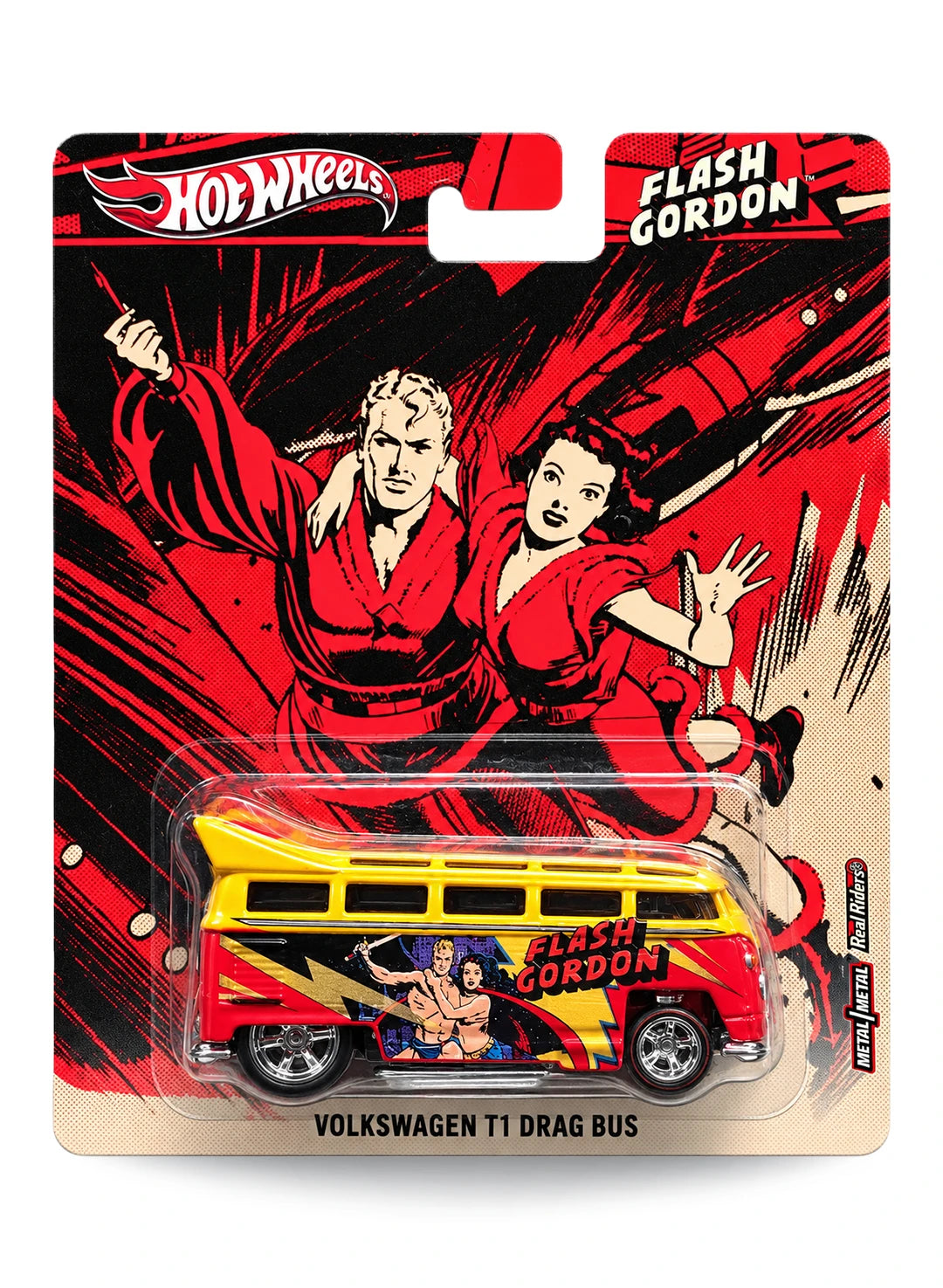 Hot Wheels Pop Culture 2013 King Features Flash Gordon Volkswagen T1 Drag Bus 1:64 scale diecast van mint on its original retro comic art blister card.