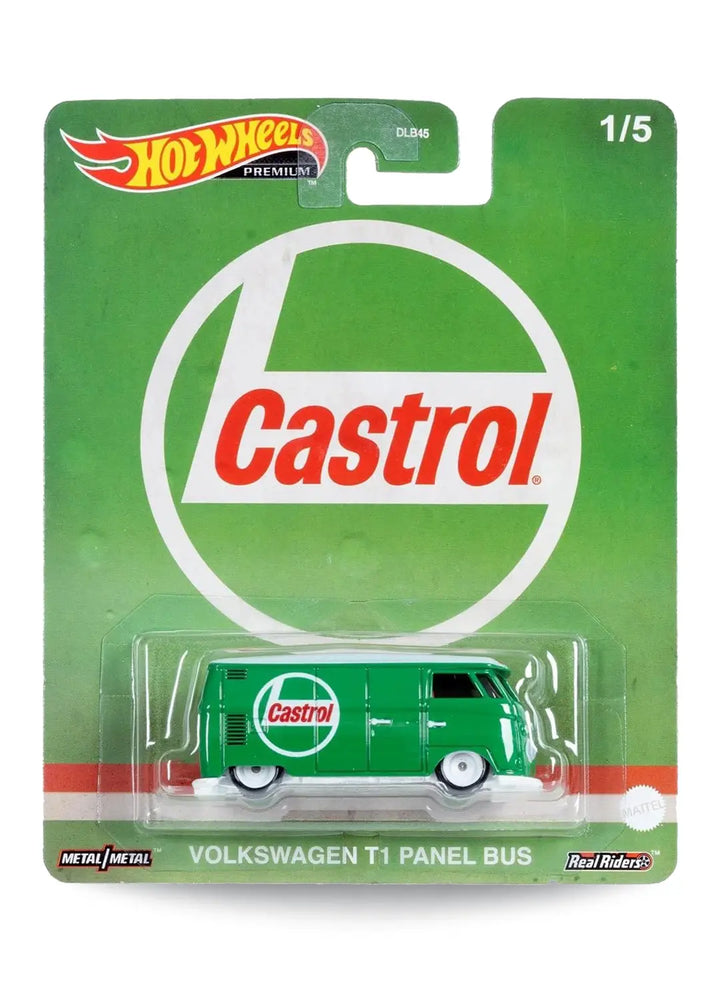 Hot Wheels Premium Pop Culture Vintage Oil Volkswagen T1 Panel Bus 1:64 scale premium diecast van mint on its original green Castrol branding blister card.