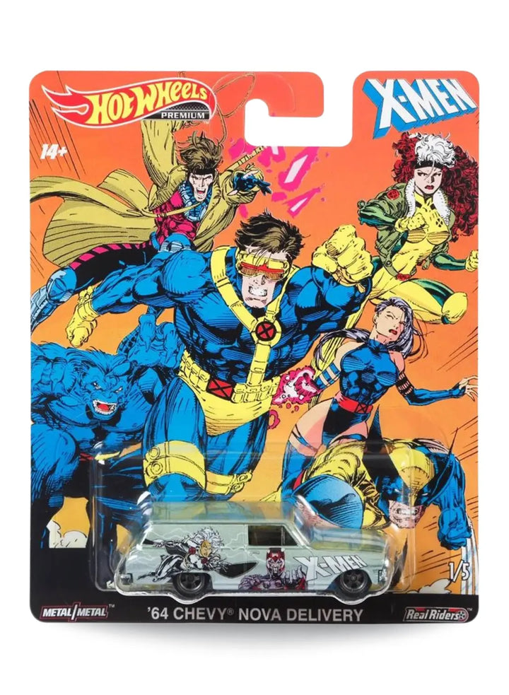 Hot Wheels Pop Culture X-Men '64 Chevy Nova Delivery 1:64 scale premium diecast car mint on its original 90s comic art blister card.