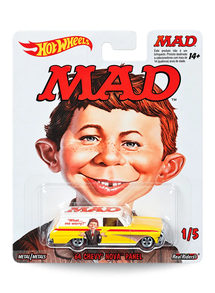 Hot Wheels Pop Culture MAD Magazine Alfred E. Neuman '64 Chevy Nova Panel 1:64 scale premium diecast car mint on its original retro comic blister card.