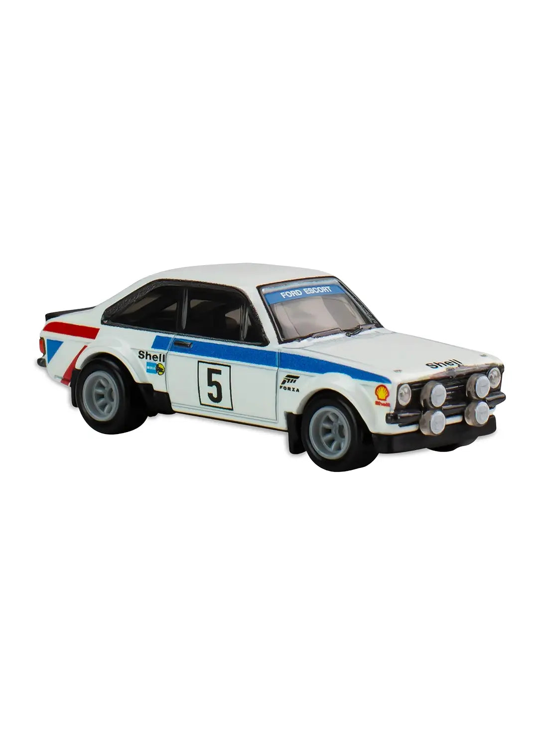 Close-up view of the white Hot Wheels Forza '78 Ford Escort RS 1800 MK2 showing side Shell racing stripes with number 5 graphics and silver multi-spoke Real Riders wheels.
