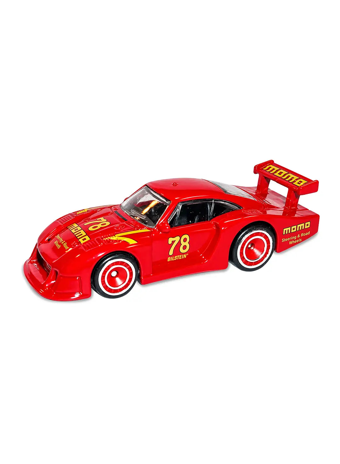 Close-up view of the red Hot Wheels '78 Porsche 935 showing side yellow and red Momo racing livery with number 78 graphics and chrome-lip Real Riders wheels.