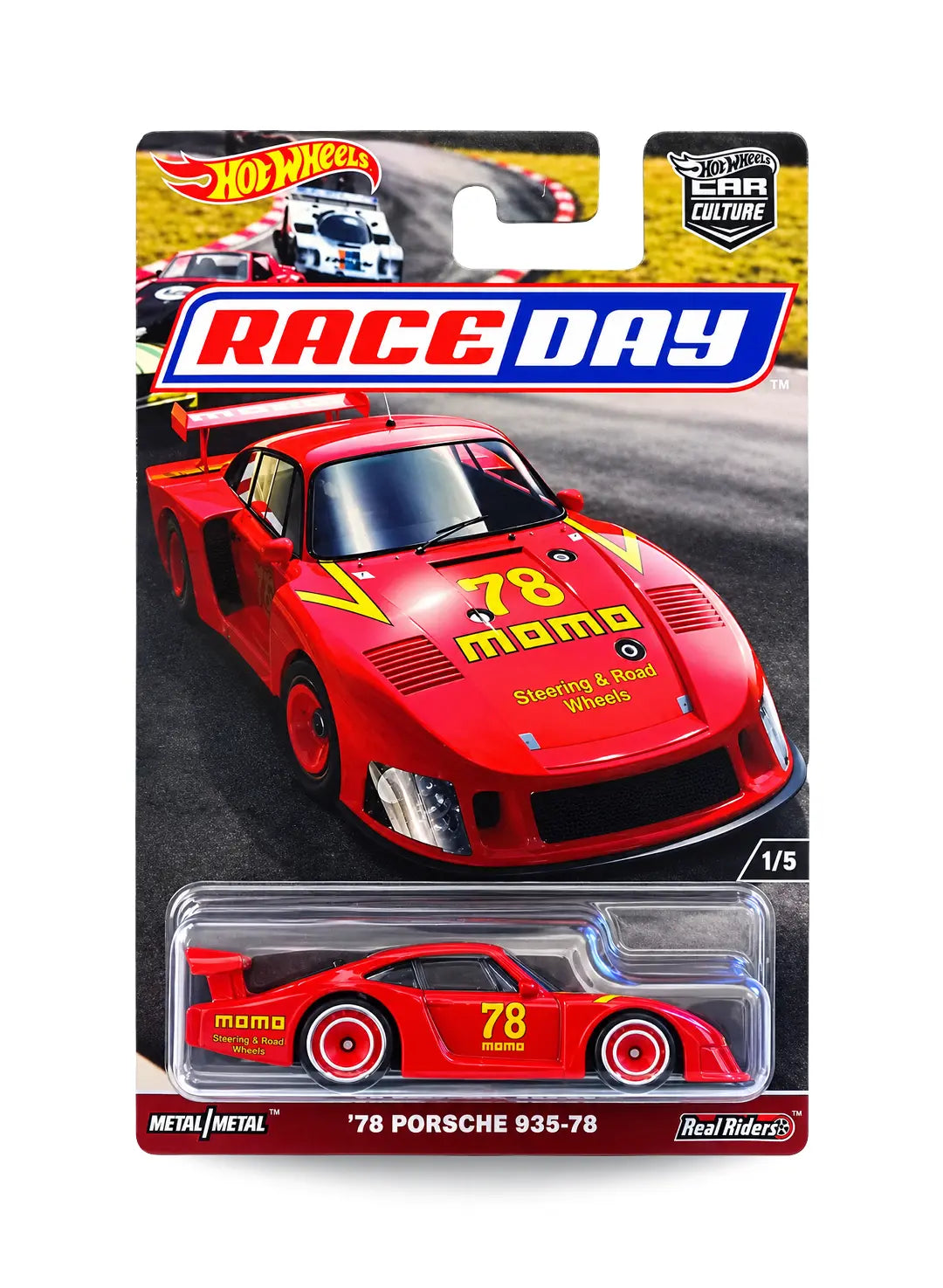 Hot Wheels Car Culture Race Day '78 Porsche 935 1:64 scale premium diecast car mint on its original racing-track themed blister card.