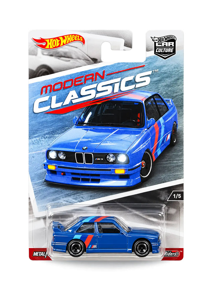 Hot Wheels Car Culture Modern Classics '92 BMW M3 1:64 scale premium diecast car mint on its original highly collectible 1/5 variant blister card featuring a deep blue color palette and detailed Euro-style card art.