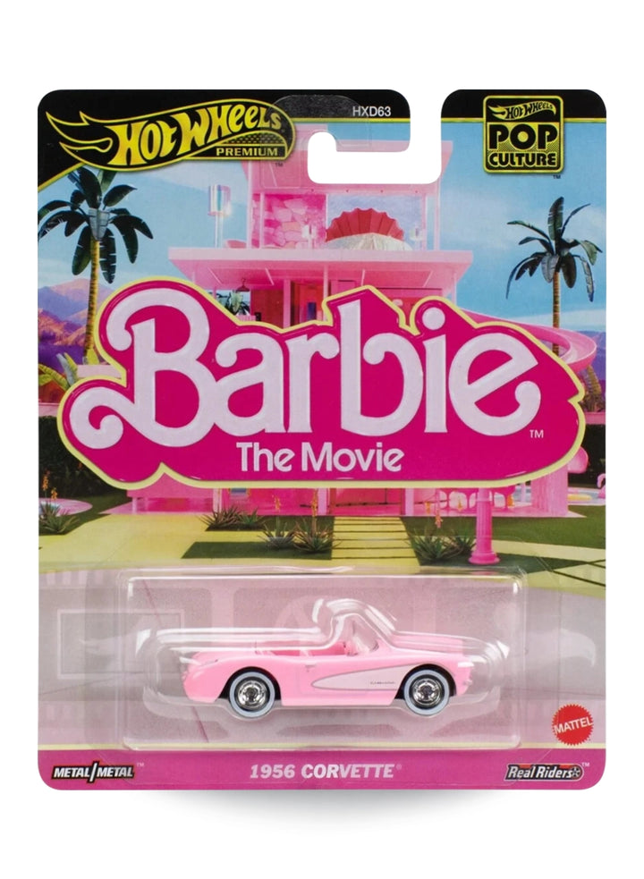 Hot Wheels Premium Pop Culture Barbie The Movie 1956 Corvette 1:64 scale premium diecast convertible mint on its original pink Dreamhouse blister card.