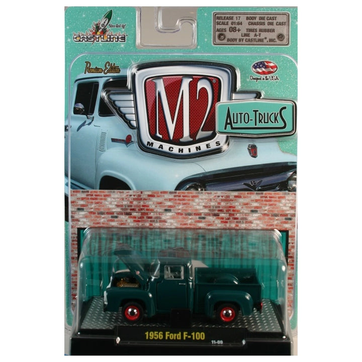 1956 Ford F-100 – Dark Green (Auto-Trucks, Red Rims, Opening Hood – Clamshell Blister)