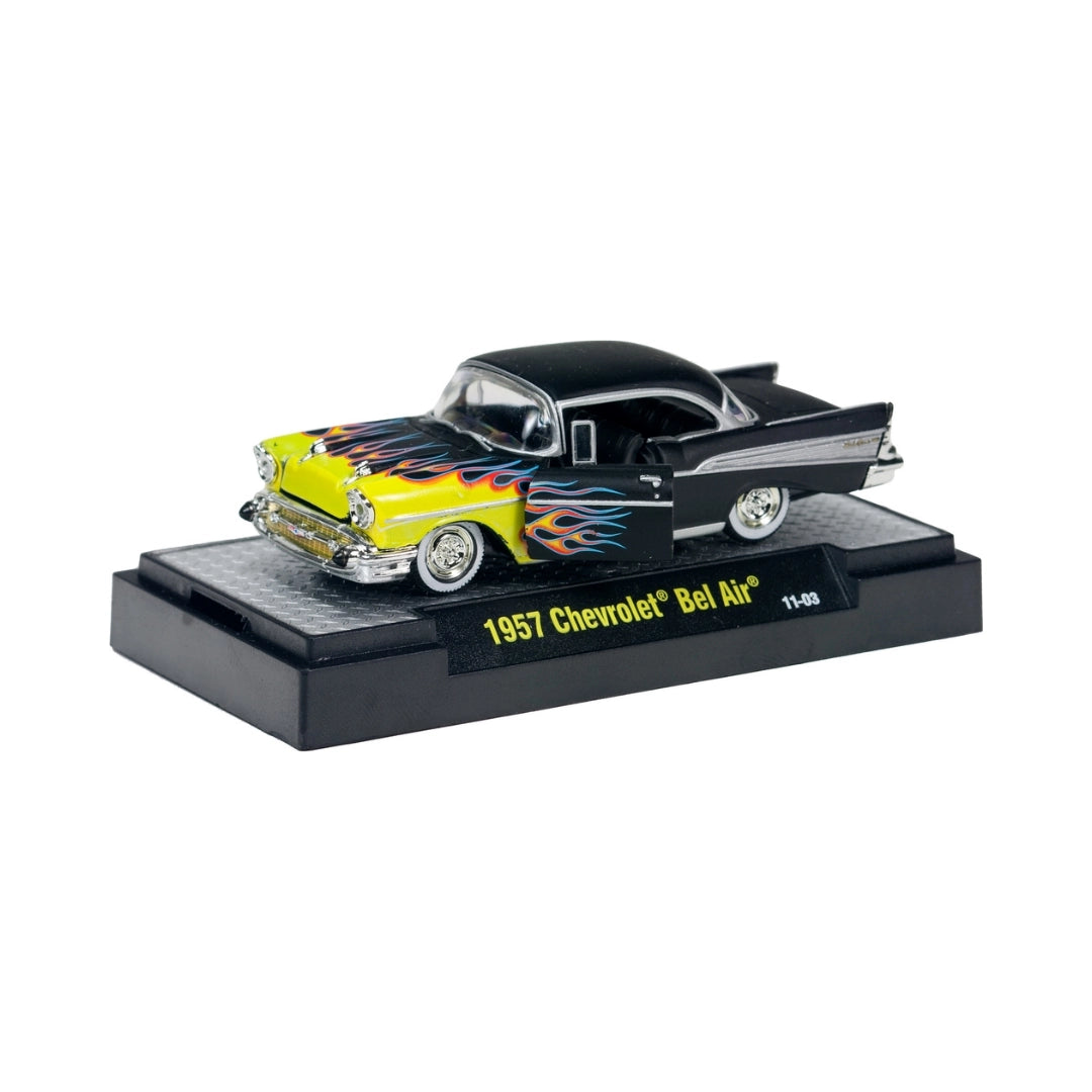1957 Chevrolet Bel Air - Black with Yellow Flames (Box Packaging)