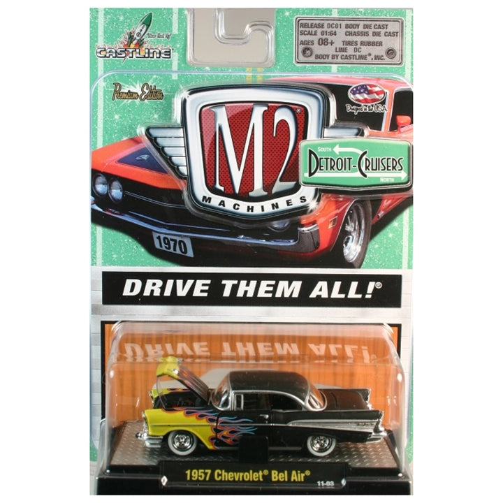 1957 Chevrolet Bel Air - Black with Yellow Flames (Clamshell Blister Packaging)