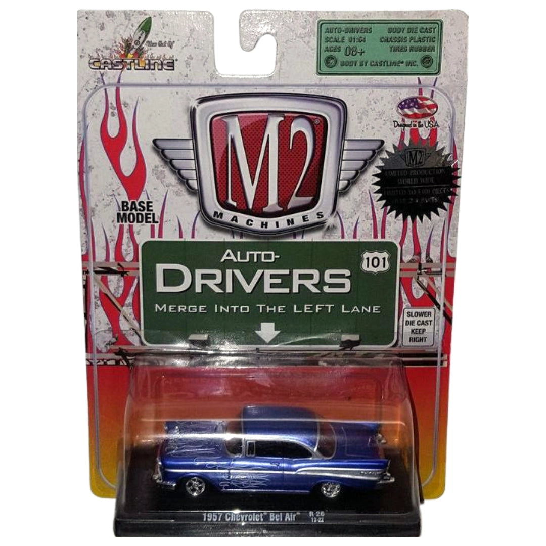 1957 Chevrolet Bel Air - Blue with White Flames (Blister Card, Auto-Drivers)