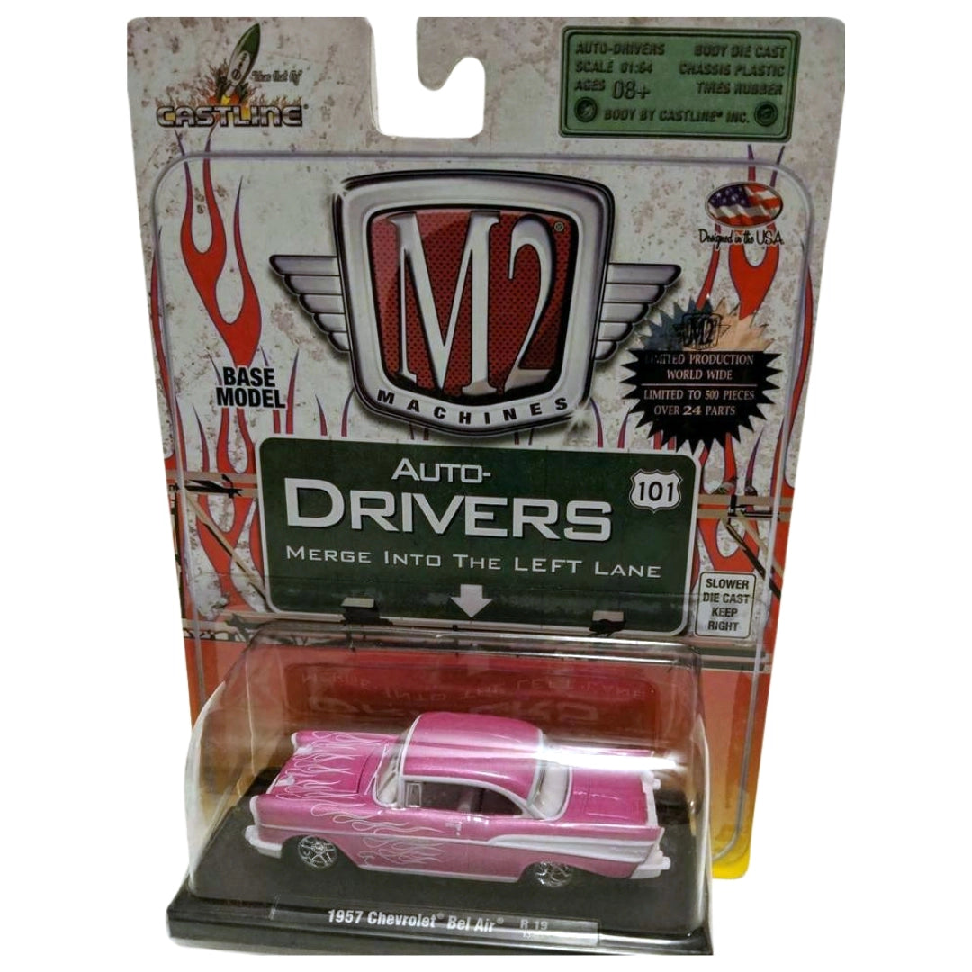 1957 Chevrolet Bel Air - Pink with White Flames (Blister Card, Auto-Drivers)