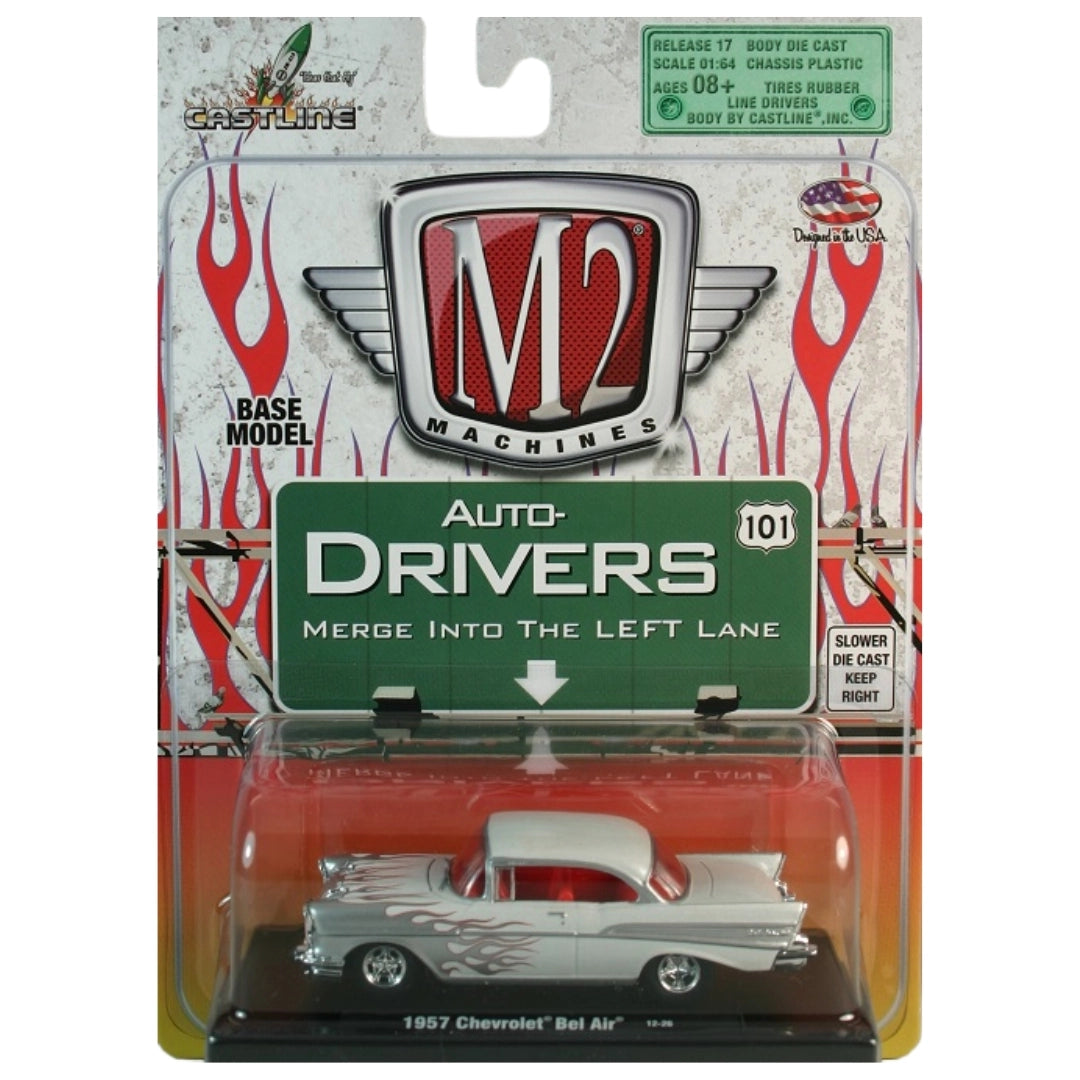 1957 Chevrolet Bel Air - White with Red Flames (Blister Card, Auto-Drivers)
