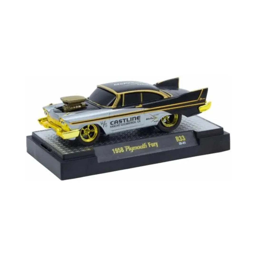 1958 Plymouth Fury - White/Black (Yellow Chrome Rims & Details, Brass Hood Scoop)