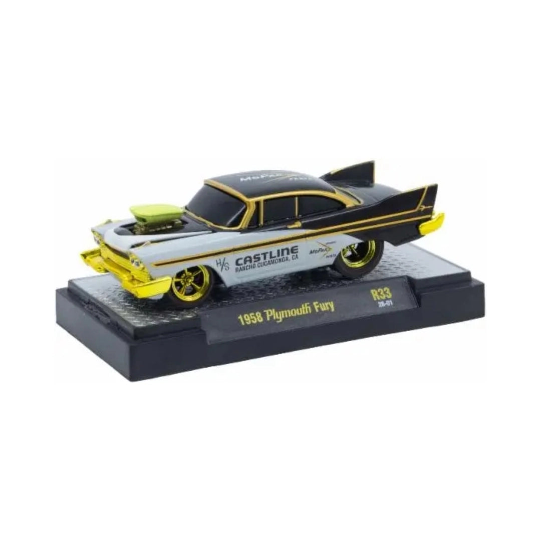 1958 Plymouth Fury - White/Black (Yellow Chrome Rims & Details, Green Hood Scoop)