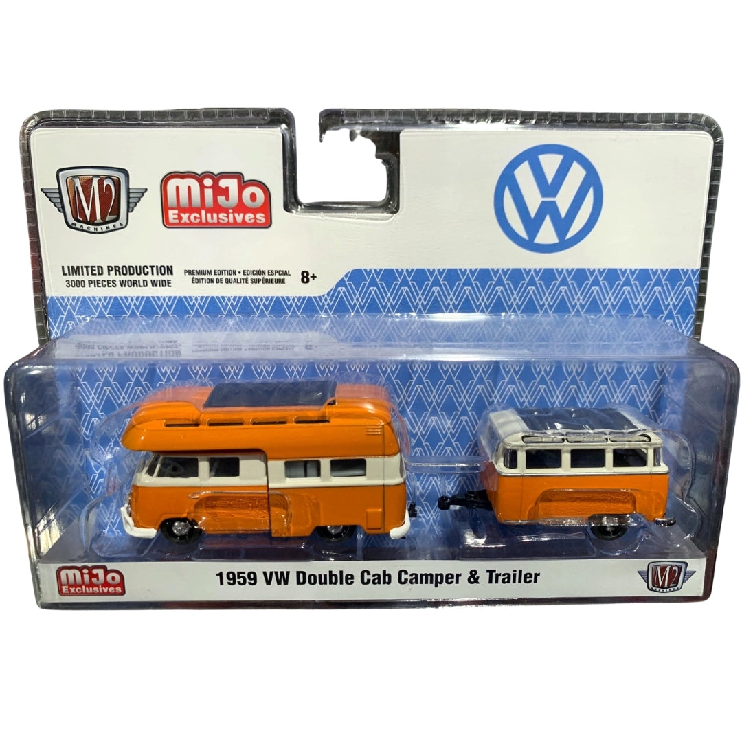 1959 VW Double Cab Camper - Orange & White, Silver Chrome Details, Trailer Included, Limited Edition Premium Range Exclusive