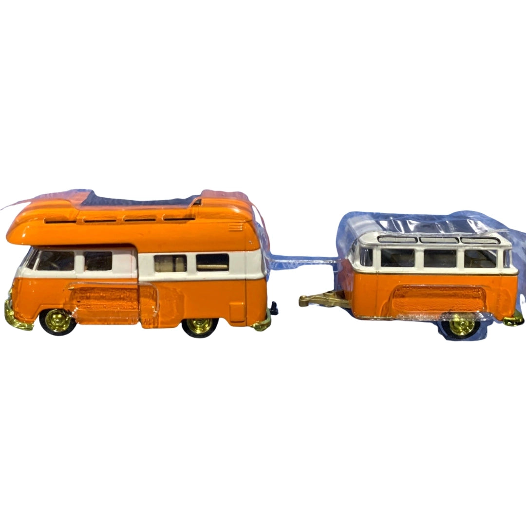 1959 VW Double Cab Camper - Orange & White, Yellow Chrome Details (Chase), Trailer Included, Limited Edition Premium Range Exclusive