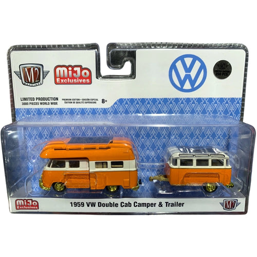 1959 VW Double Cab Camper - Orange & White, Yellow Chrome Details (Chase), Trailer Included, Limited Edition Premium Range Exclusive
