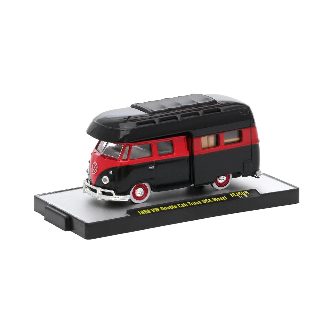 1959 VW Double Cab Truck USA Model - Black & Red Camper, Silver Chrome Details & Hubcaps, Black Sunroof, Plain Door, Limited Edition