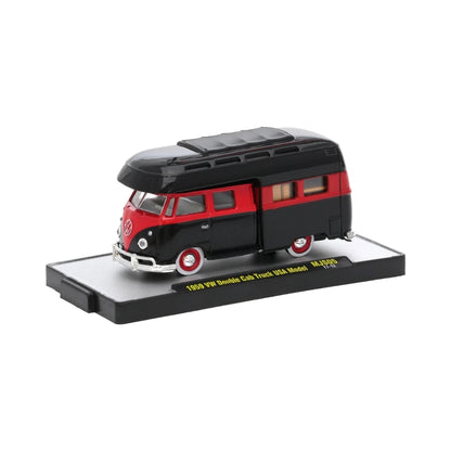 1959 VW Double Cab Truck USA Model - Black & Red Camper, Silver Chrome Details & Hubcaps, Black Sunroof, Plain Door, Limited Edition