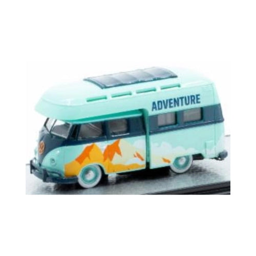 1959 VW Double Cab Truck USA Model - Light Aqua Adventure Camper with Mountain Graphics, White Rims, Auto-Haulers Release 85, Limited Edition Set Exclusive