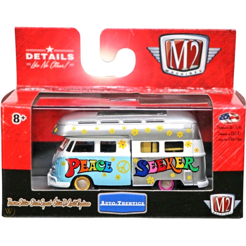 1959 VW Double Cab Truck USA Model - Peace Seeker Hippie Camper, White & Light Blue, Multi-Color Rims, Auto-Thentics Volkswagen Release MJS04, MiJo Exclusive, Premium Range
