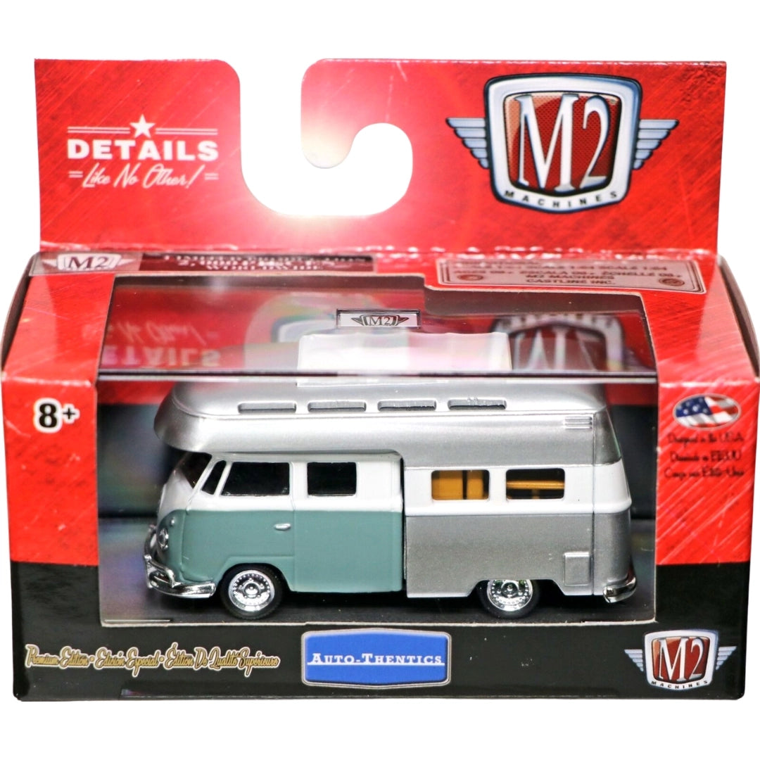 1959 VW Double Cab Truck USA Model - Silver & Sage Green Camper, Auto-Thentics Volkswagen Release MJS04, MiJo Exclusive, Premium Range