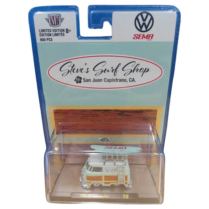 1960 VW Delivery Van - Aqua Surf Wagon Chase with Woodgrain Panels, Surfboard, Gold Chrome Details, Gold Chrome Rims, Gold Ladder & Brass Interior (Exclusive, Limited Edition)