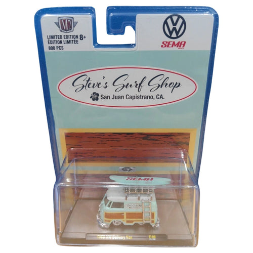 1960 VW Delivery Van - Aqua Surf Wagon Chase with Woodgrain Panels, Surfboard, Gold Chrome Details, Gold Chrome Rims, Gold Ladder & Brass Interior (Exclusive, Limited Edition)