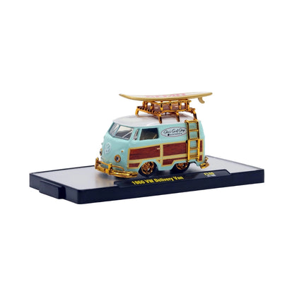1960 VW Delivery Van - Aqua Surf Wagon with Woodgrain Panels, Surfboard, Silver Chrome Details & Slate Interior (Exclusive, Limited Edition)