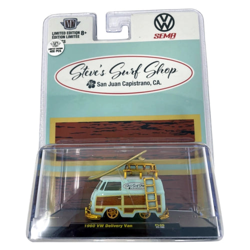 1960 VW Delivery Van - Aqua Surf Wagon with Woodgrain Panels, Surfboard, Silver Chrome Details & Slate Interior (Exclusive, Limited Edition)