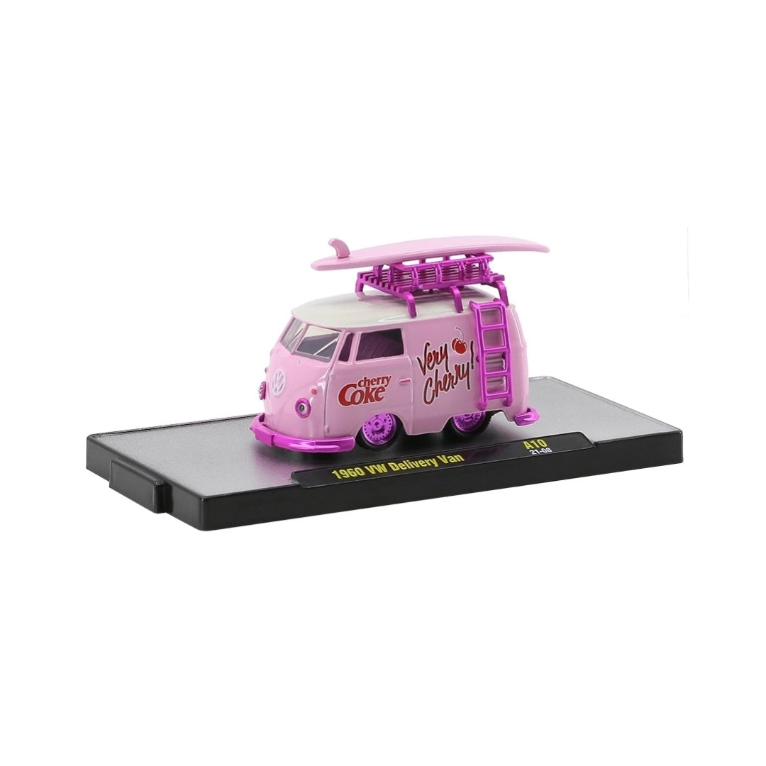 1960 VW Delivery Van - Pink Cherry Coke Surf Van with White Details, Silver Chrome Rims, Black Interior, White Roof Rack & Ladder (Exclusive, Limited Edition, Premium Range)