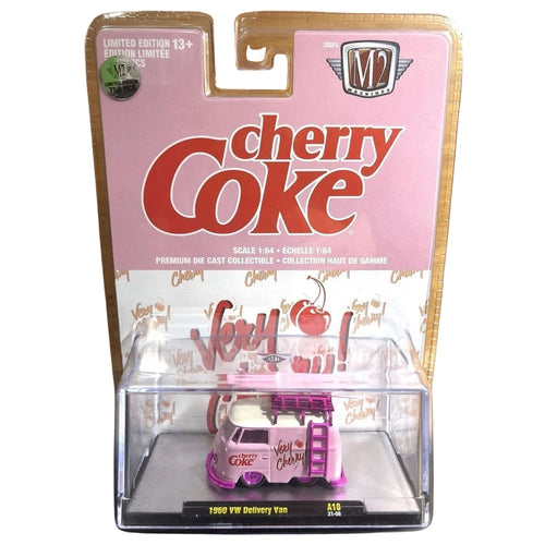 1960 VW Delivery Van - Pink Cherry Coke Surf Van with White Details, Silver Chrome Rims, Black Interior, White Roof Rack & Ladder (Exclusive, Limited Edition, Premium Range)