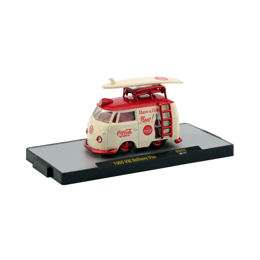 1960 VW Delivery Van - Coca-Cola Bottling Co. Surf Van with White Surfboard, Silver Chrome Details, White Interior, White Roof Rack & Ladder (Exclusive, Limited Edition)