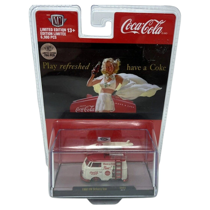 1960 VW Delivery Van - Coca-Cola Bottling Co. Surf Van with White Surfboard, Silver Chrome Details, White Interior, White Roof Rack & Ladder (Exclusive, Limited Edition)