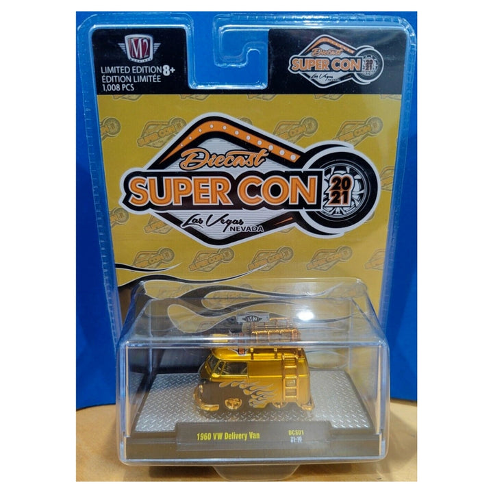 1960 VW Delivery Van - Gold & Blue Flame Graphics with Gold Roof Rack, Gold Ladder and Gold Rims (Diecast Supercon Las Vegas Exclusive Single Car Release)