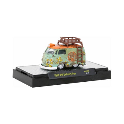 1960 VW Delivery Van - Mint Green Flower Power Theme with White Rims, White Bumpers, Brown Roof Rack & Ladder, Gray Interior (Exclusive, Limited Edition)