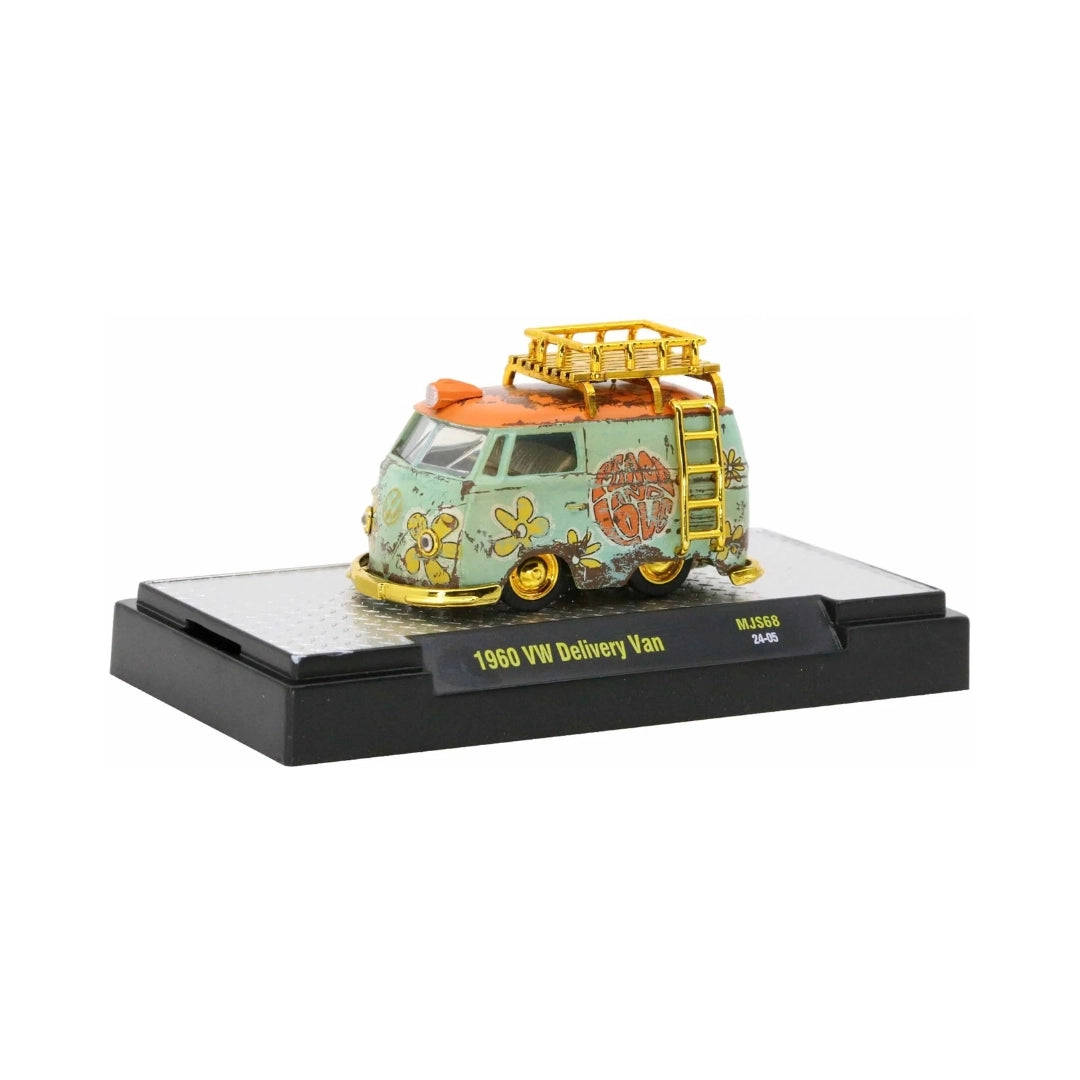 1960 VW Delivery Van - Mint Green Flower Power Theme with White Rims, White Bumpers, Brown Roof Rack & Ladder, Gray Interior (Exclusive, Limited Edition)