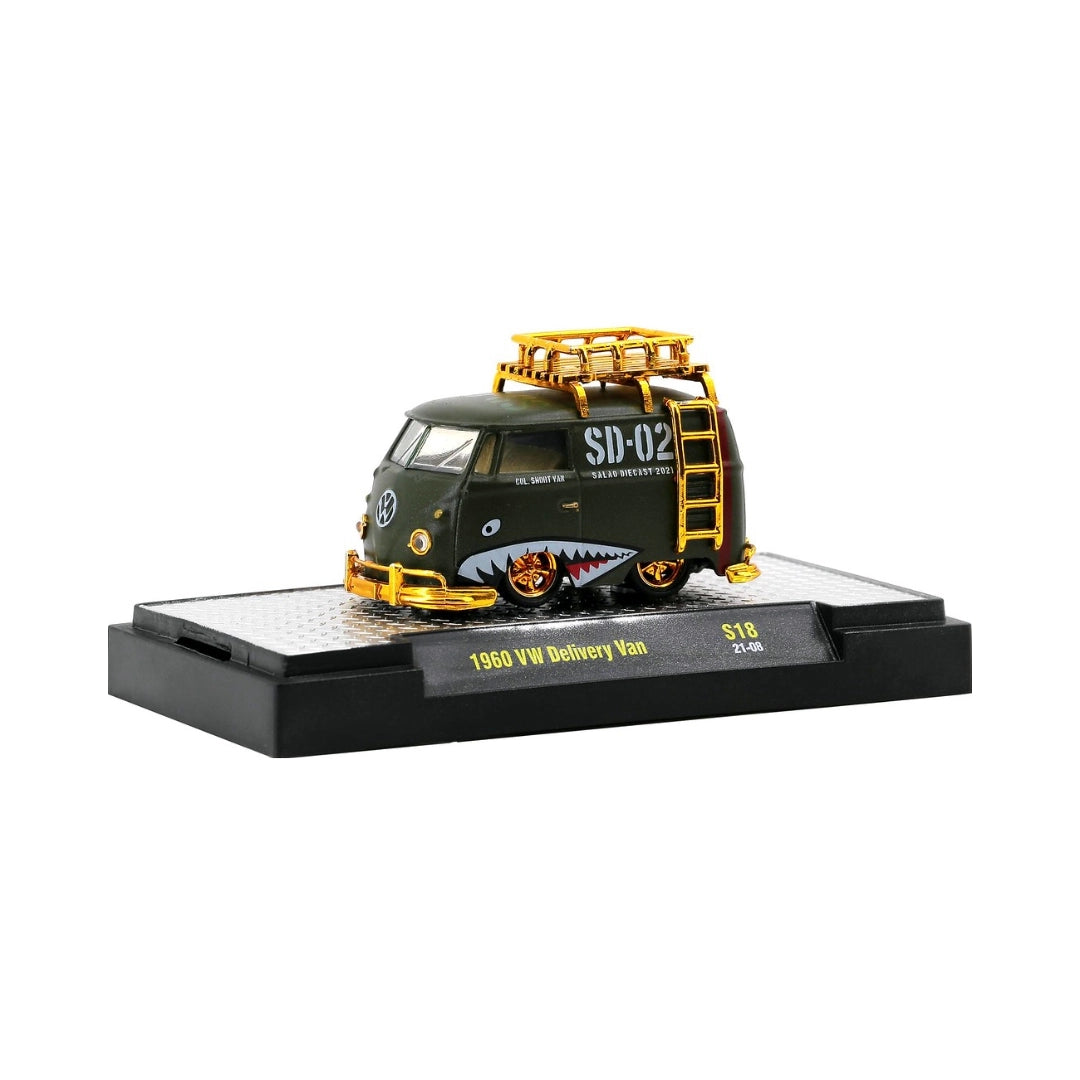 1960 VW Delivery Van - Olive Green SD-02 Shark Mouth with Gold Roof Rack, Gold Ladder, Gold Rims & Gold Details (Salao Diecast Brazil Exclusive Single Car Release)