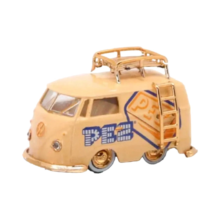 1960 VW Delivery Van - Peach/Beige PEZ with Silver Chrome Rims & Details, Blue Bumpers, Black Interior, White Roof Rack & Ladder (Set Exclusive)