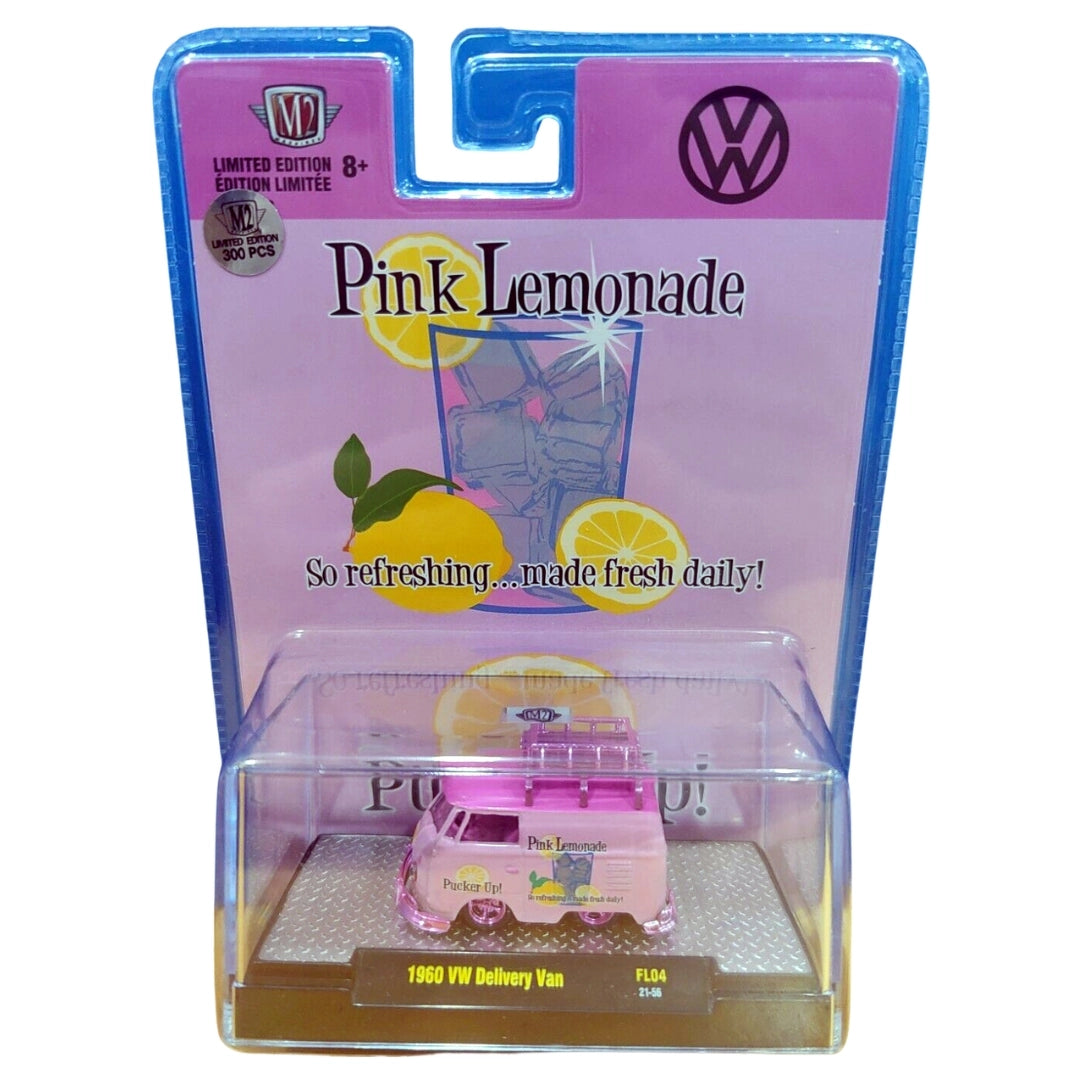 1960 VW Delivery Van - Pink Lemonade "Pucker Up!" with Silver Chrome Details, Black Interior, Silver Roof Rack & Surfboard (Exclusive, Limited Edition)