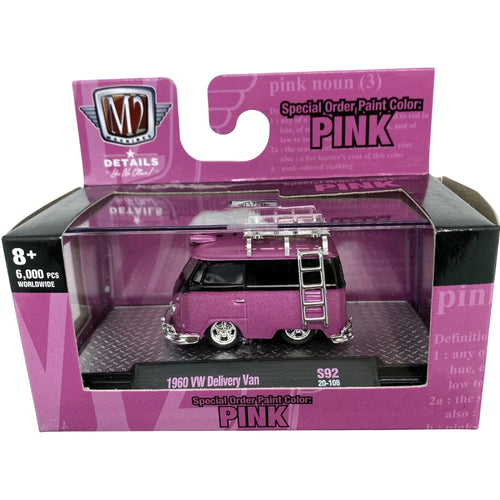 1960 VW Delivery Van - Pink Panel Van with Black Roof, Silver Roof Rack & Ladder (Walmart Exclusive Release S92)