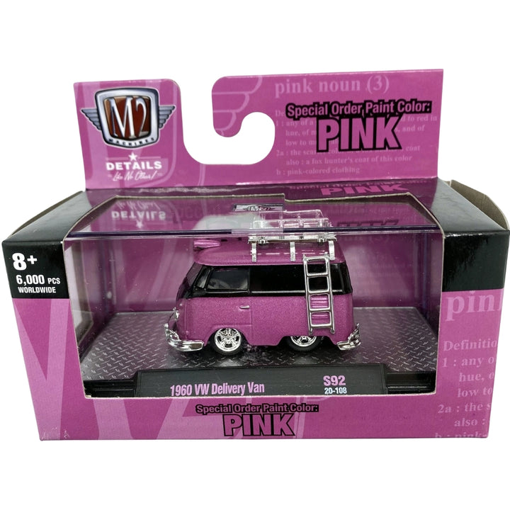 1960 VW Delivery Van - Pink Panel Van with Black Roof, Silver Roof Rack & Ladder (Walmart Exclusive Release S92)