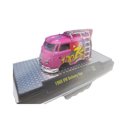 1960 VW Delivery Van - Pink YouTube Theme with Black Rims, Silver Chrome Details, White Roof Rack & Ladder (Exclusive, Limited Edition)
