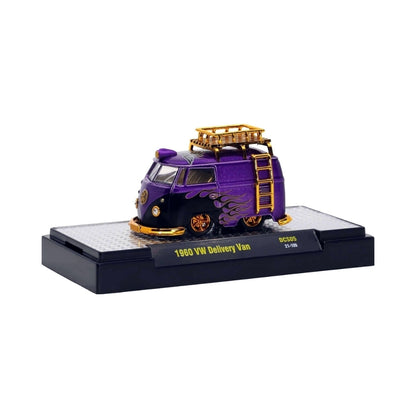 1960 VW Delivery Van - Purple & Black Flames with Gold Roof Rack, Gold Ladder, Gold Rims & Gold Details (Diecast Supercon Las Vegas Hall of Honor Exclusive)