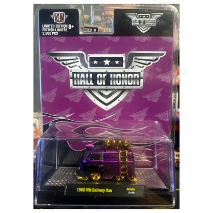 1960 VW Delivery Van - Purple & Black Flames with Gold Roof Rack, Gold Ladder, Gold Rims & Gold Details (Diecast Supercon Las Vegas Hall of Honor Exclusive)