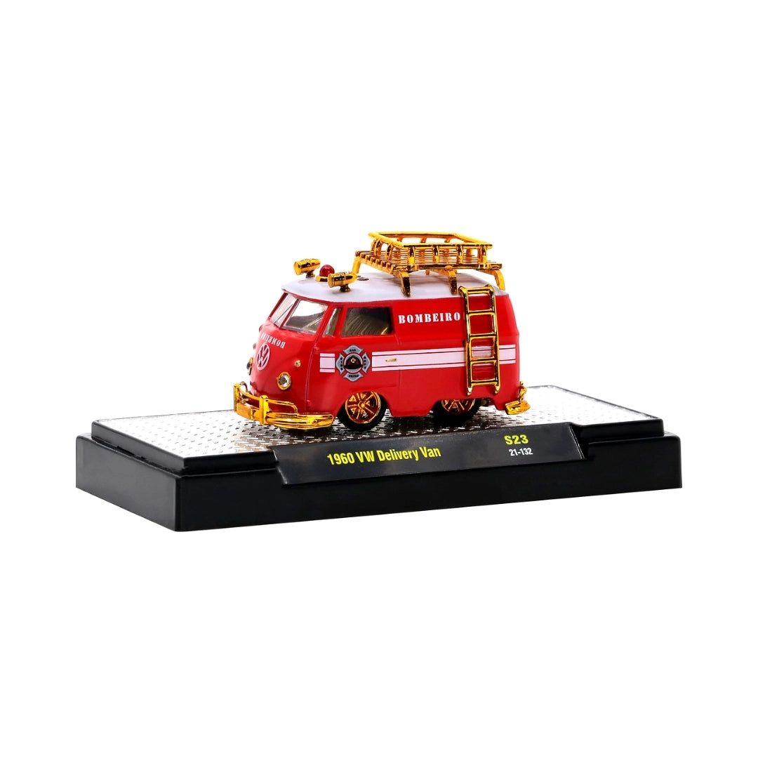 1960 VW Delivery Van - Red Fire Department/Bomberos Chase with Gold Chrome Rims, Gold Chrome Details, Gold Interior, Gold Roof Rack & Ladder (Exclusive, Limited Edition)
