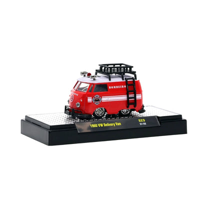 1960 VW Delivery Van - Red Fire Department/Bomberos with Black Roof Rack & Ladder, Silver Chrome Rims, Gray Interior (Exclusive, Limited Edition)