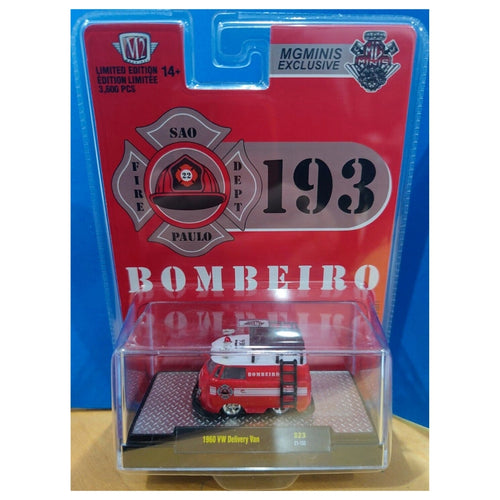 1960 VW Delivery Van - Red Fire Department/Bomberos with Black Roof Rack & Ladder, Silver Chrome Rims, Gray Interior (Exclusive, Limited Edition)