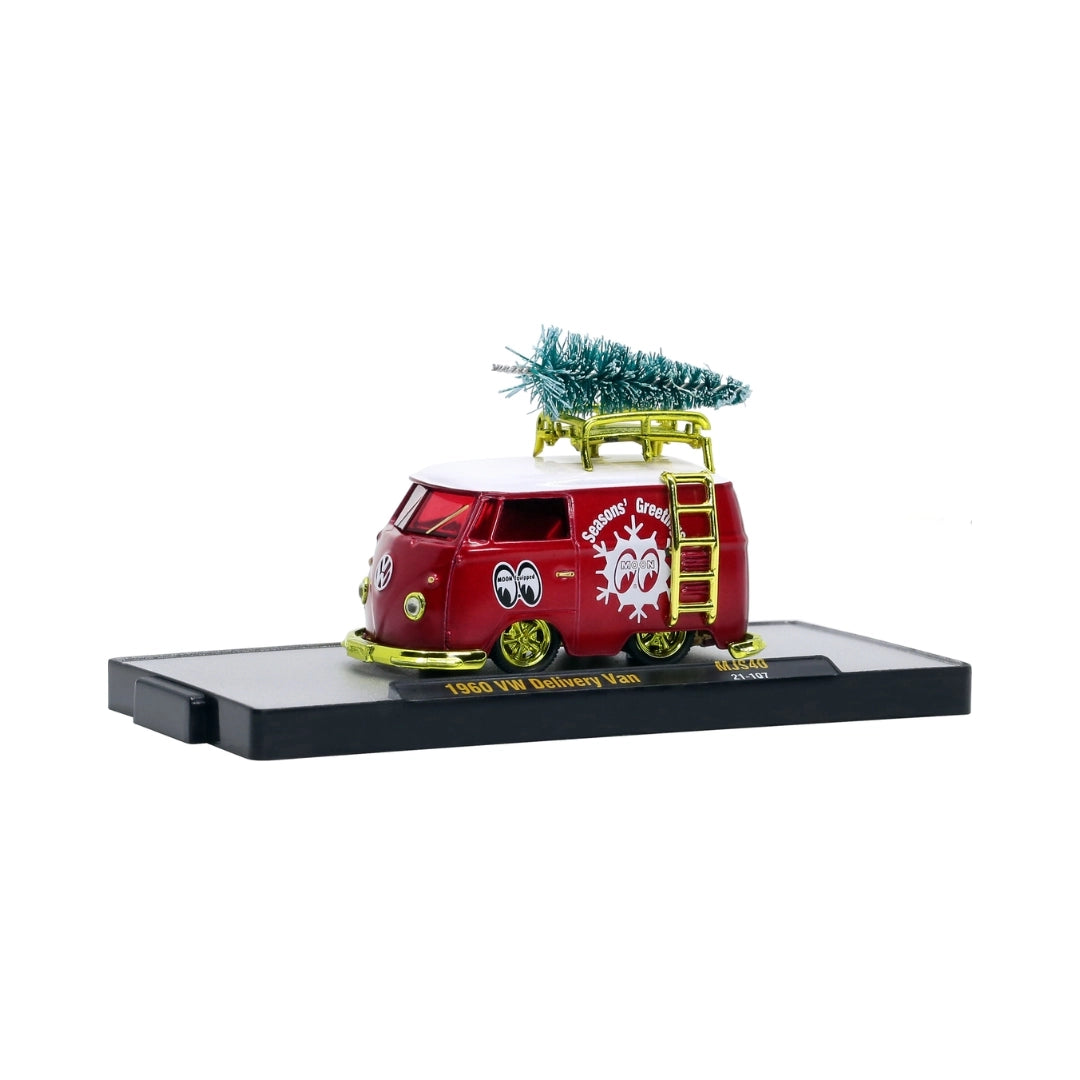 1960 VW Delivery Van - Red Mooneyes Christmas Chase with Roof Tree, Gold Ladder, Gold Rims & Gold Details on Display Base (MiJo Exclusives Release MJS40)