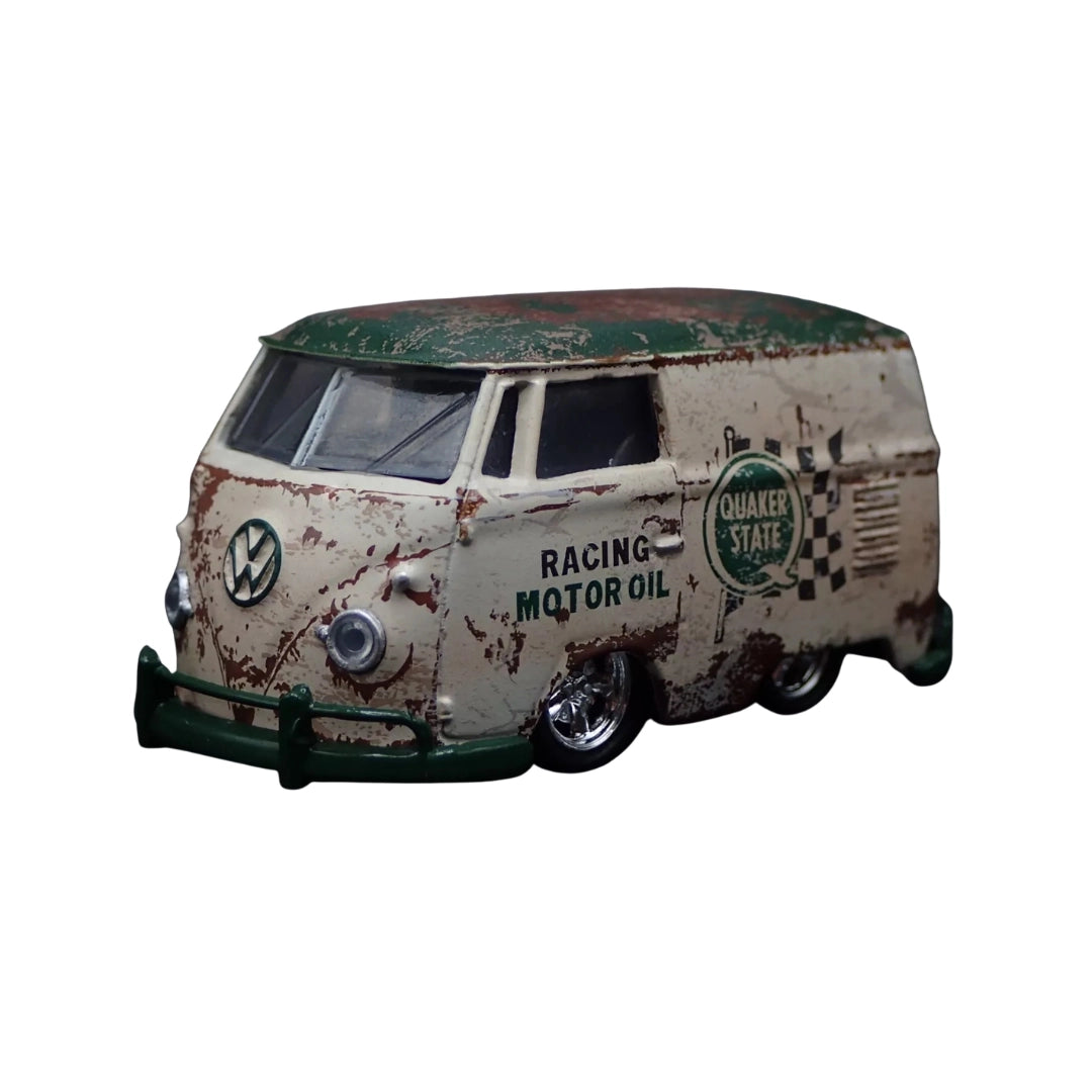 1960 VW Delivery Van - Weathered Quaker State Racing Motor Oil Chase with Gold Chrome Rims, Gold Bumpers & Details, Brass Interior (Exclusive, Limited Edition)